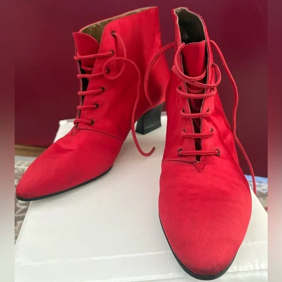 Vintage Yves Saint Laurent Red Satin Lace-Up Ankle BootsItalyBlock Heel